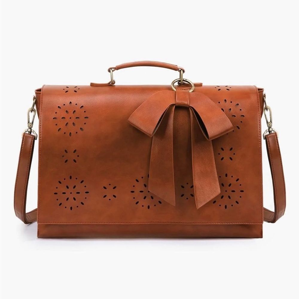 Brown Laptop Bag with Perforated Design and Detachable Strap